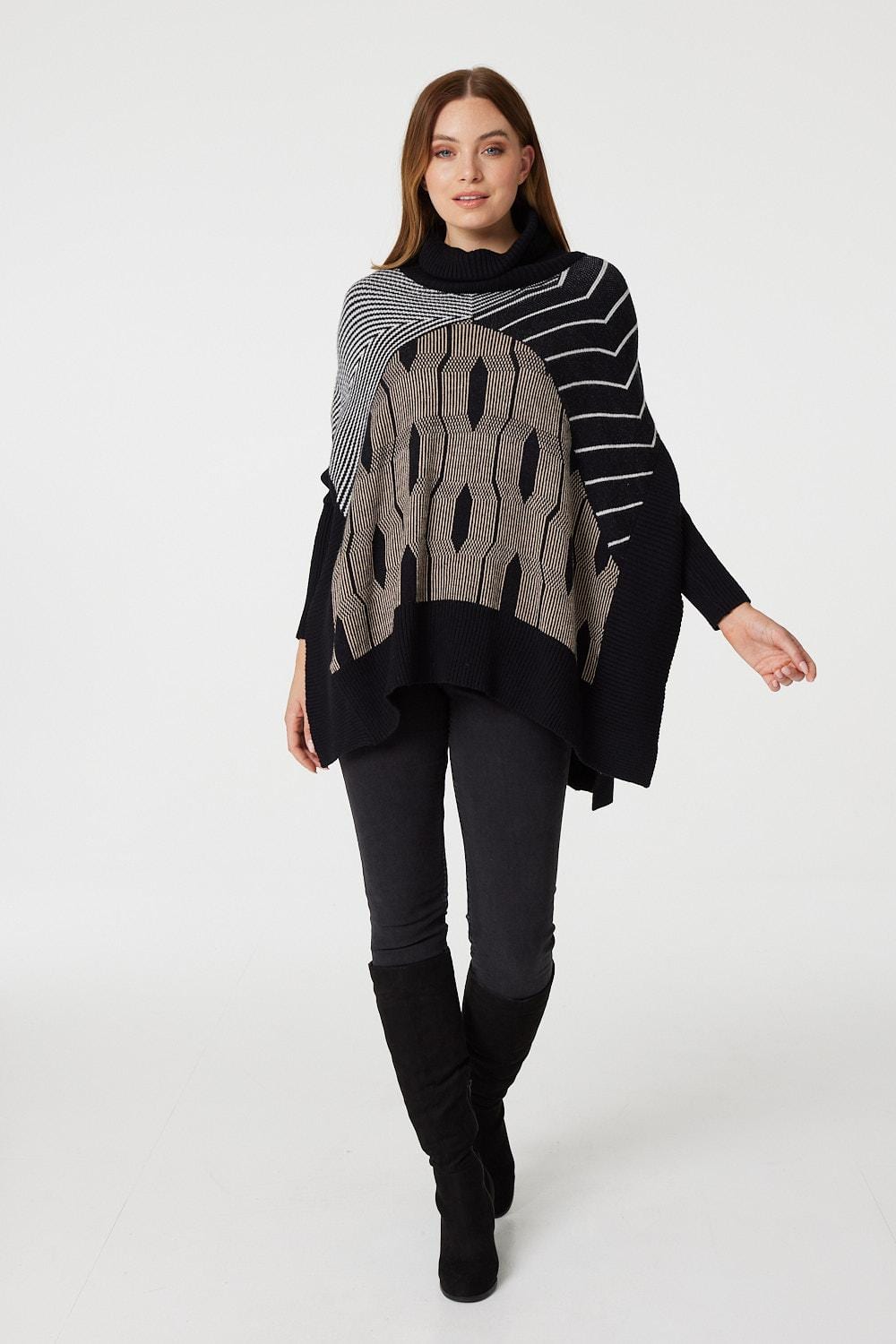 Black | Striped Roll Neck Hanky Hem Jumper