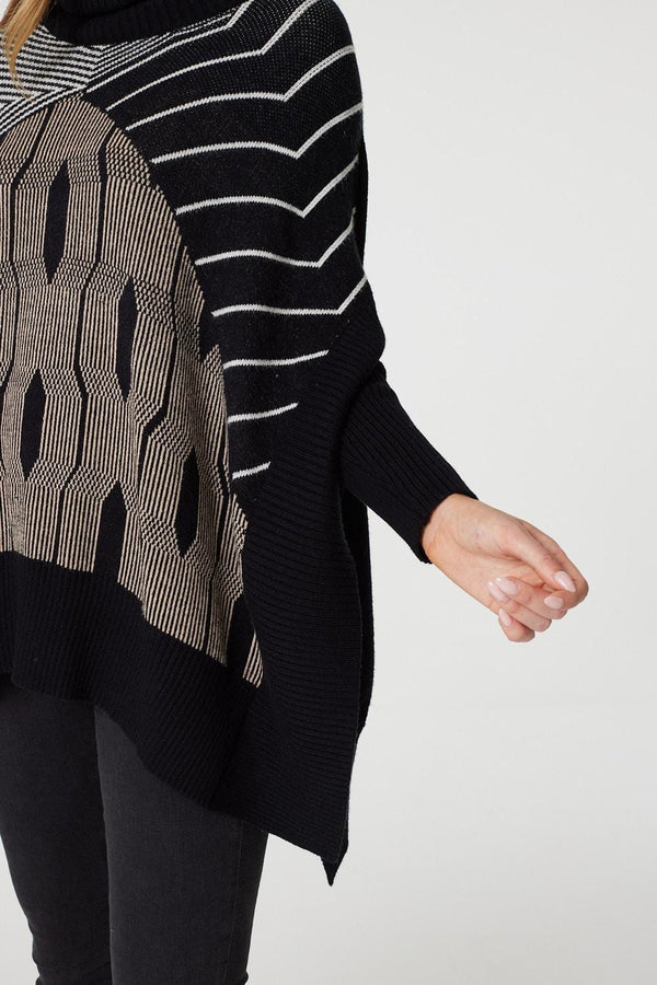 Black | Striped Roll Neck Hanky Hem Jumper