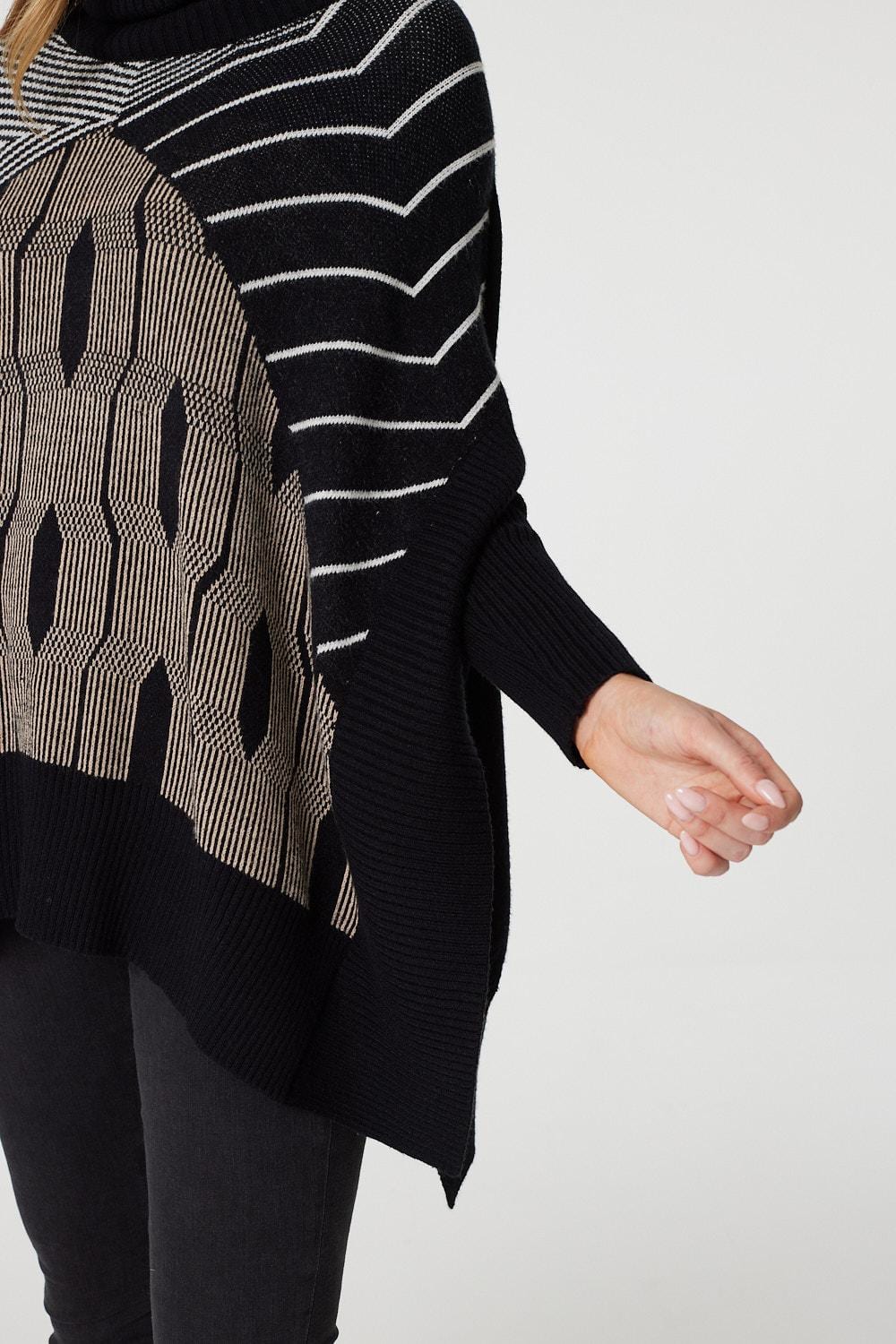 Black | Striped Roll Neck Hanky Hem Jumper