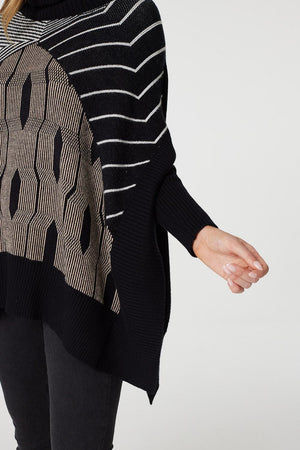 Black | Striped Roll Neck Hanky Hem Jumper