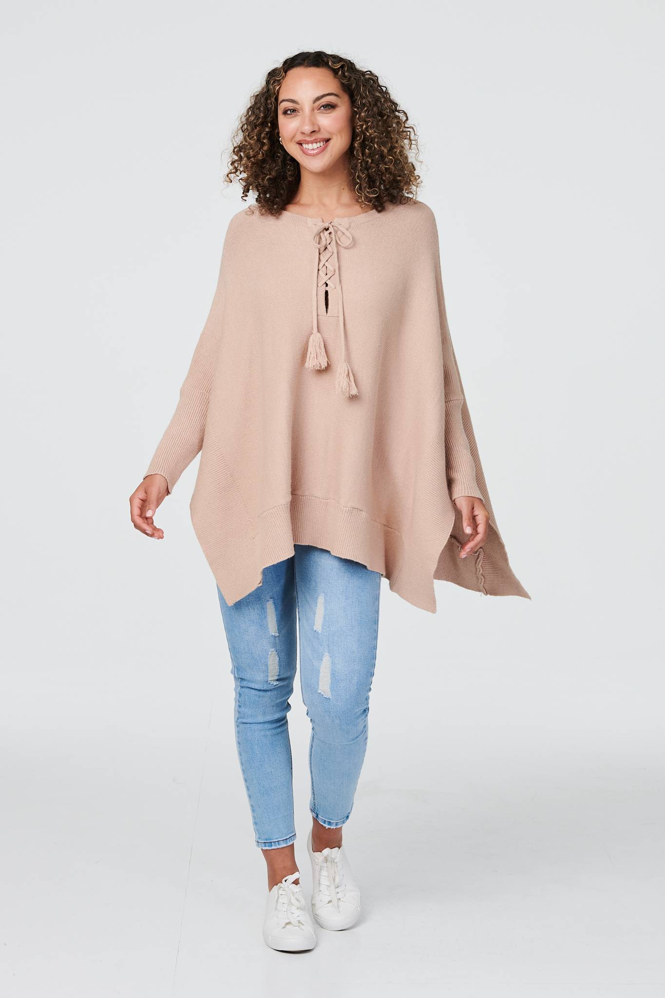 Beige | Tie Front  Long Sleeve Jumper