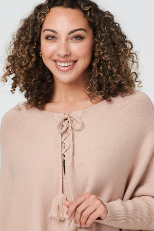 Beige | Tie Front  Long Sleeve Jumper