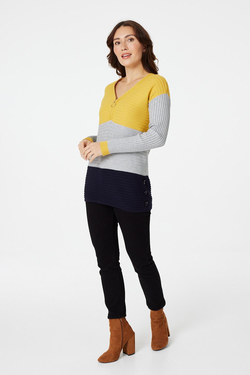 Mustard | Colour Block Zip Front Knit Jumper