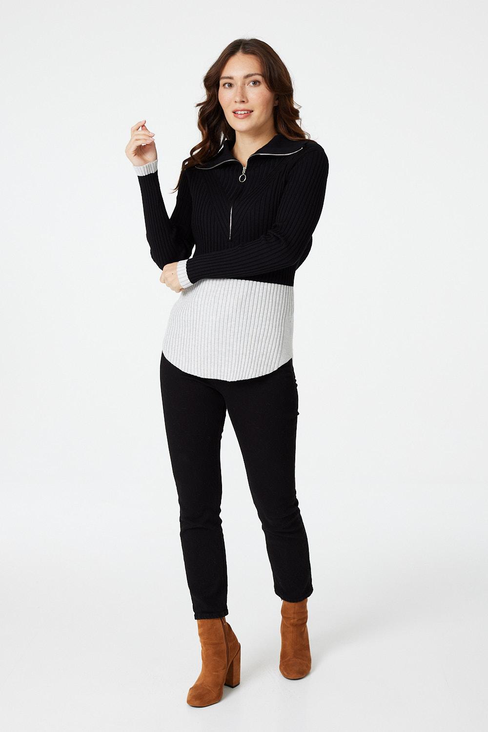Black | Colour Block Zip Front Jumper