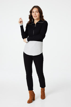 Black | Colour Block Zip Front Jumper