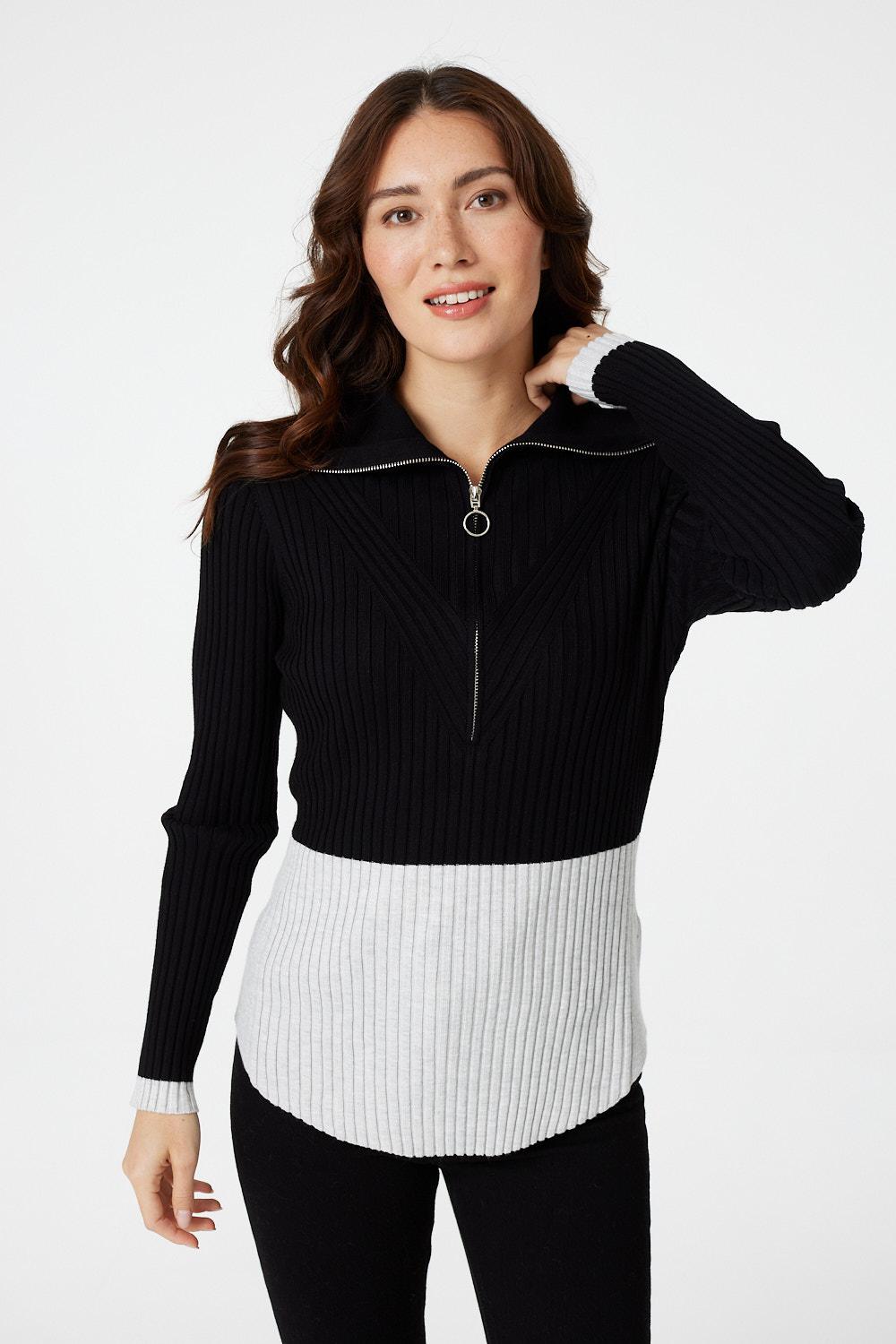 Black | Colour Block Zip Front Jumper