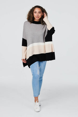 Grey | Striped High Neck Oversized Jumper
