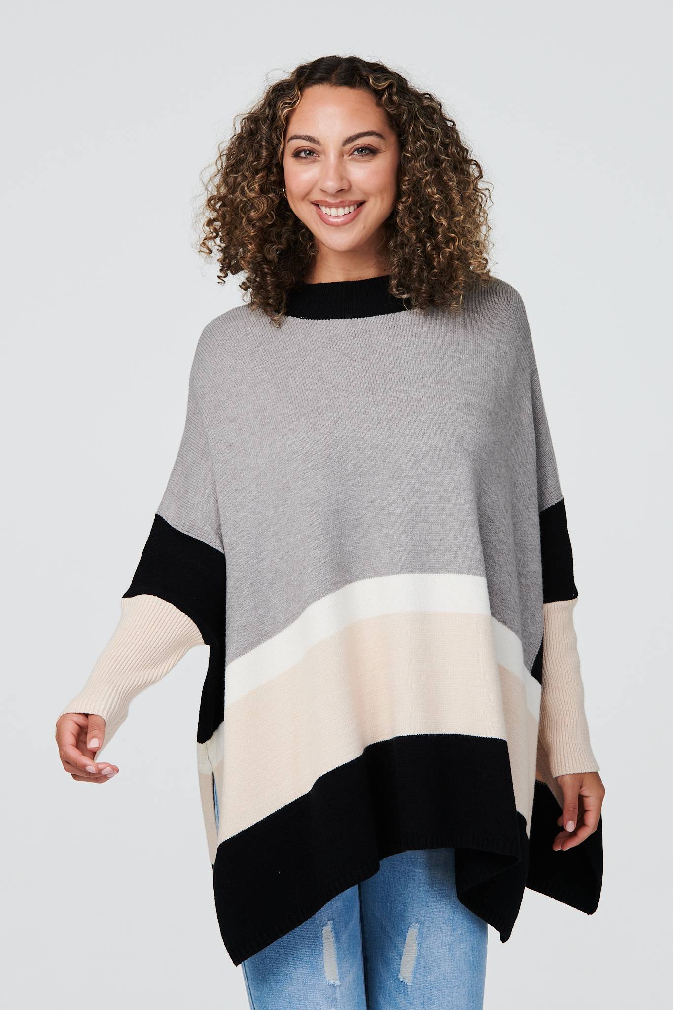 Grey | Striped High Neck Oversized Jumper