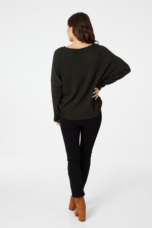 Khaki | Round Neck Slouchy Knit Jumper