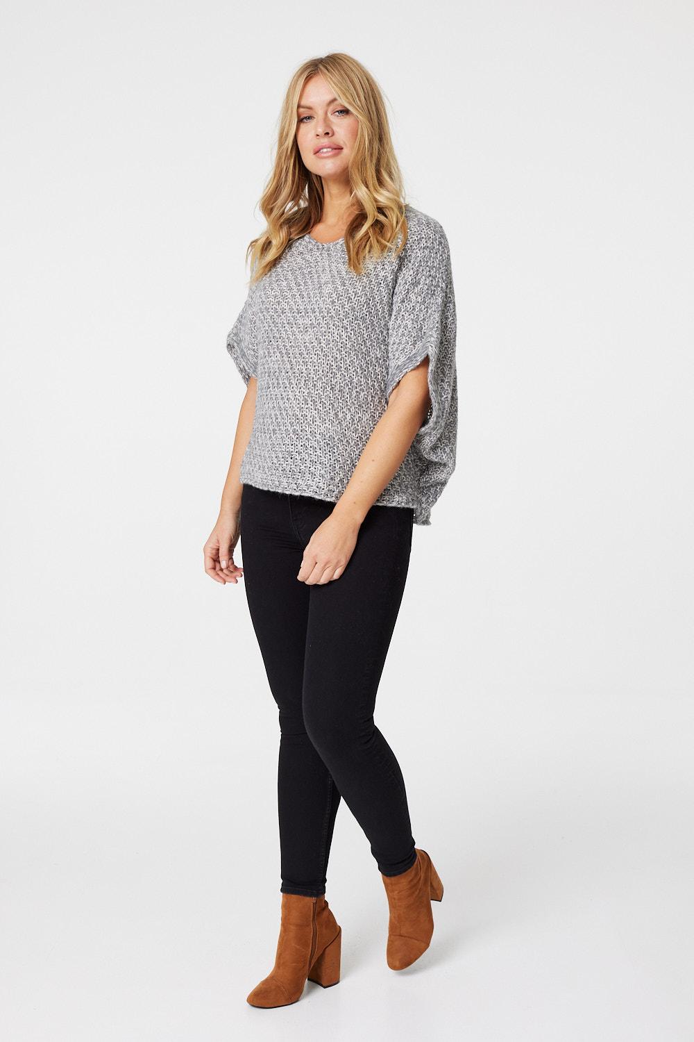 Grey | V-Neck Batwing Sleeve Jumper