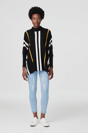 Black And White | Vertical Striped High Neck Jumper