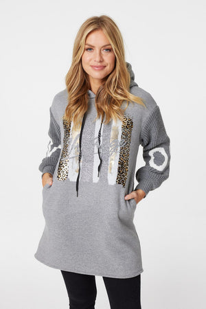 Grey | Printed Knit Sleeve Hooded Jumper
