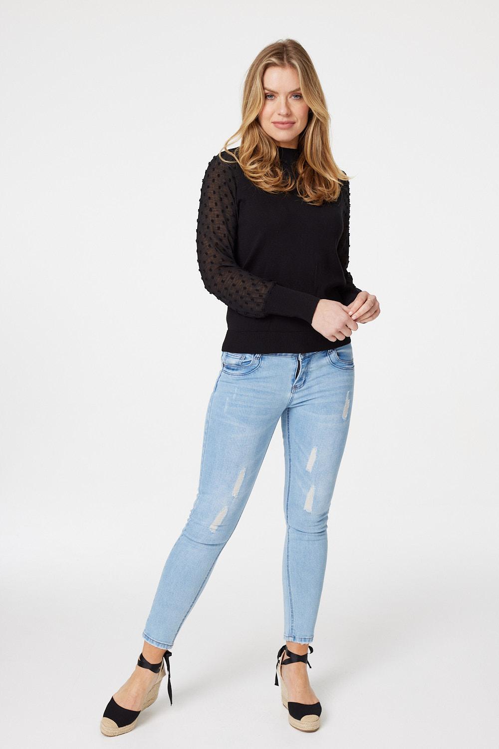 Black | Sheer Sleeve High Neck Knit Top