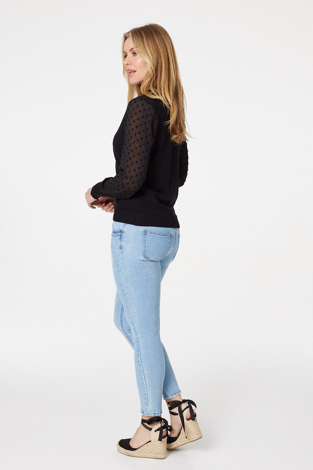 Black | Sheer Sleeve High Neck Knit Top