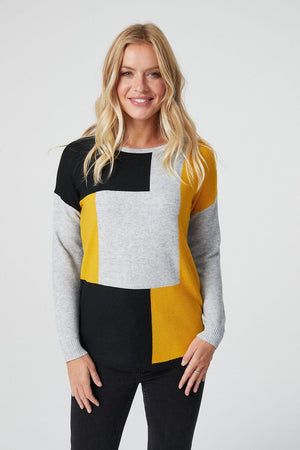 Mustard | Colour Block Long Sleeve Knitted Sweater : Model is 5'10"/178 cm and wears UK8/EU36/US4/AUS8