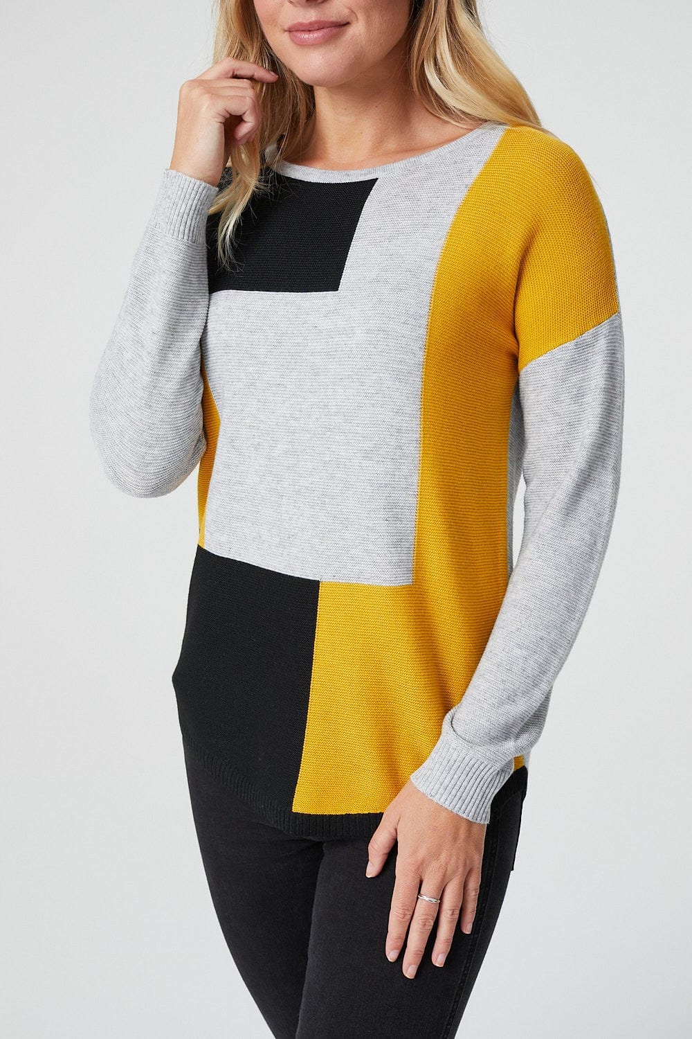Mustard | Colour Block Long Sleeve Knitted Sweater