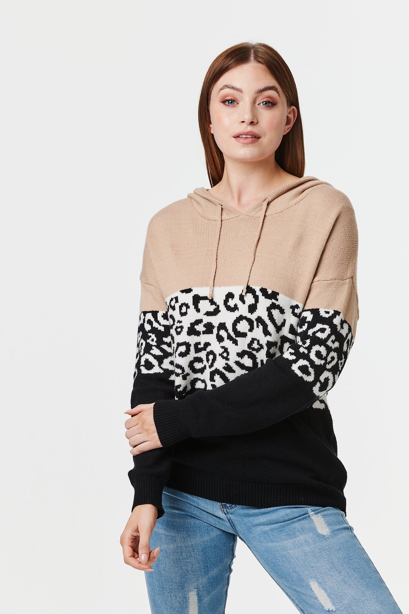 Beige | Animal Print Hooded Pullover