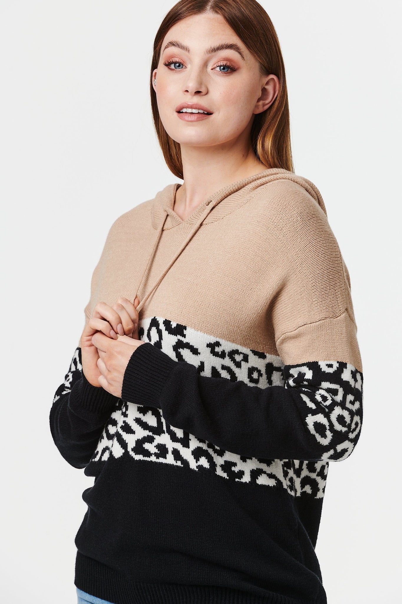 Beige | Animal Print Hooded Pullover