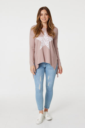 Pink | Star Print Hanky Hem Jumper