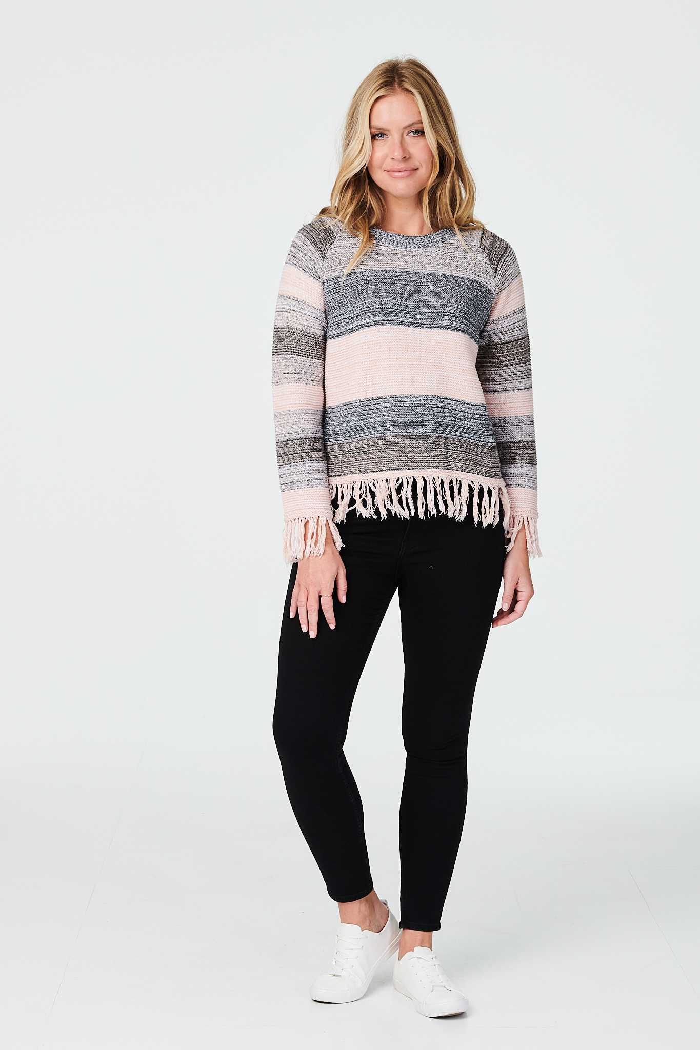 Pink | Striped Fringed Hem Jumper