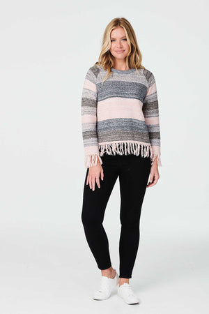Pink | Striped Fringed Hem Jumper