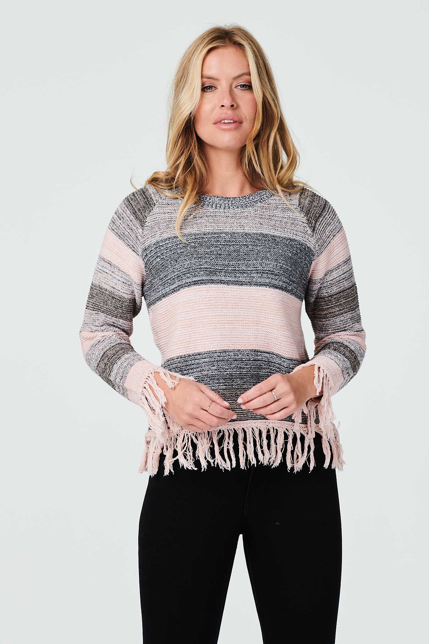 Pink | Striped Fringed Hem Jumper