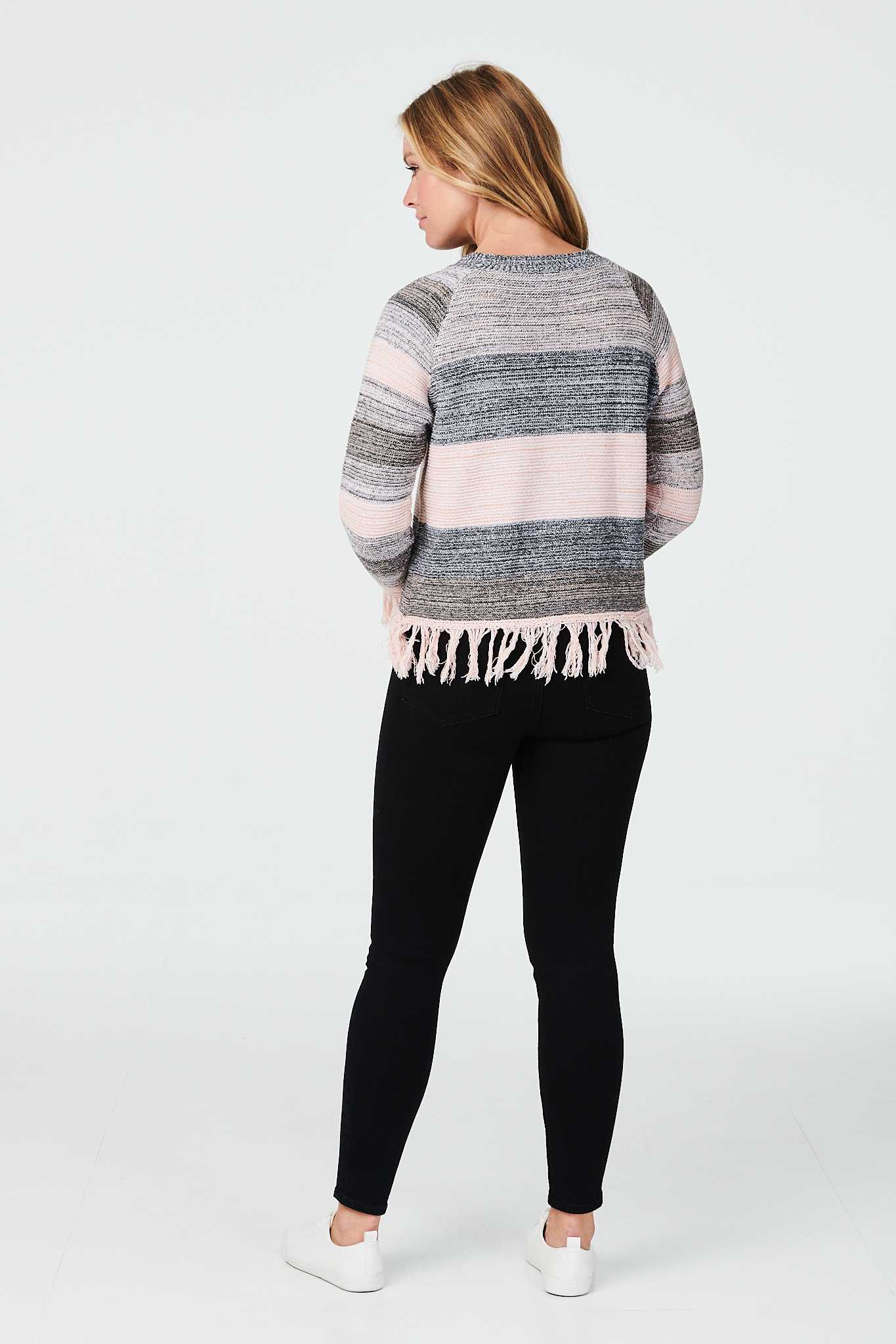 Pink | Striped Fringed Hem Jumper