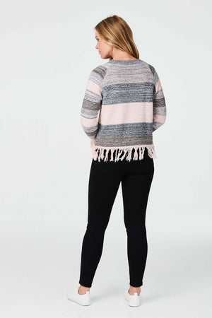 Pink | Striped Fringed Hem Jumper