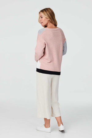 Pink | Colour Block Fine Knit Jumper