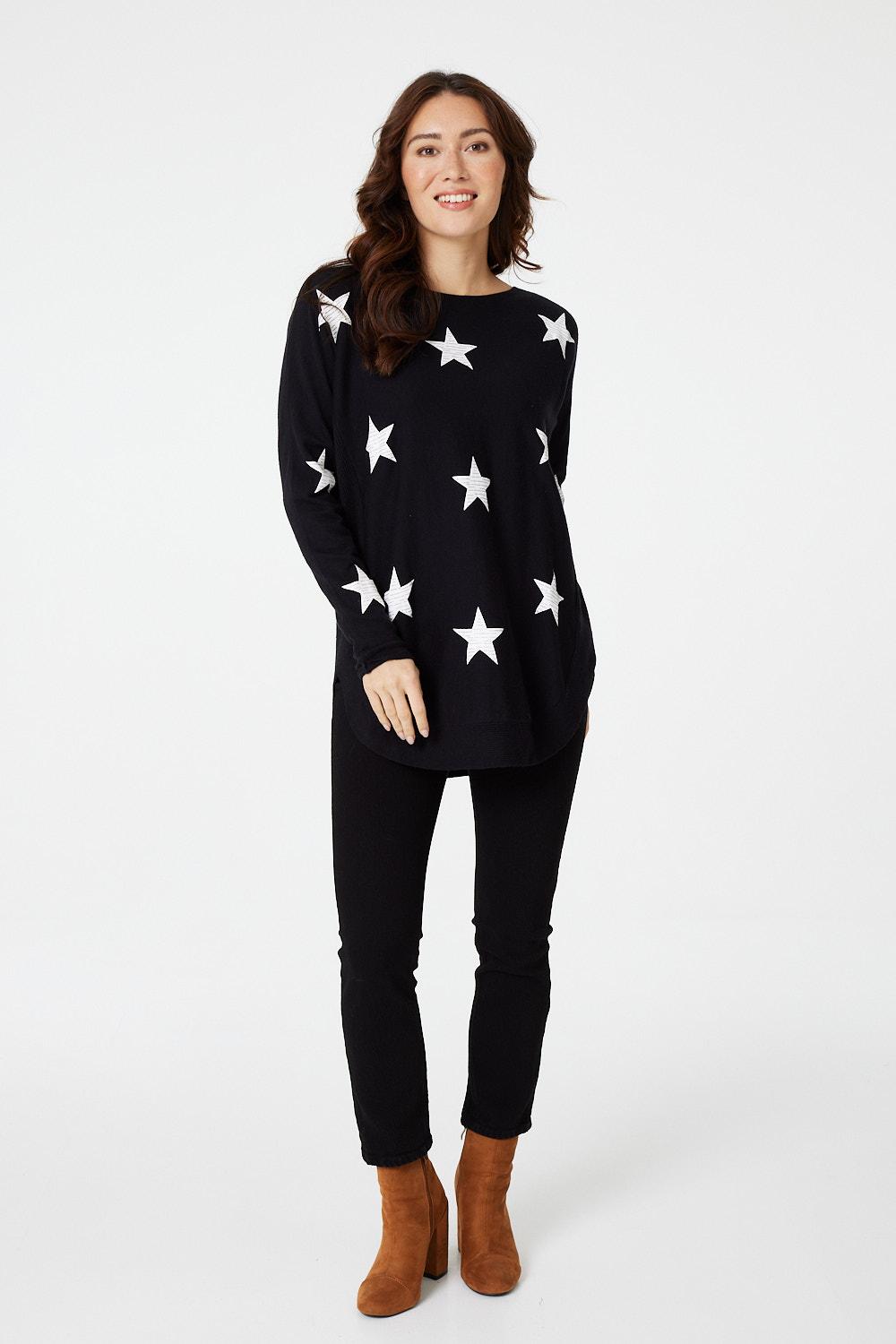 Black | Star Print Curve Hem Jumper