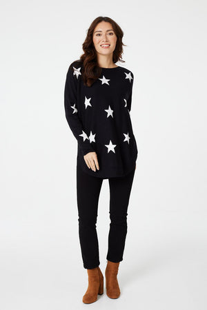 Black | Star Print Curve Hem Jumper