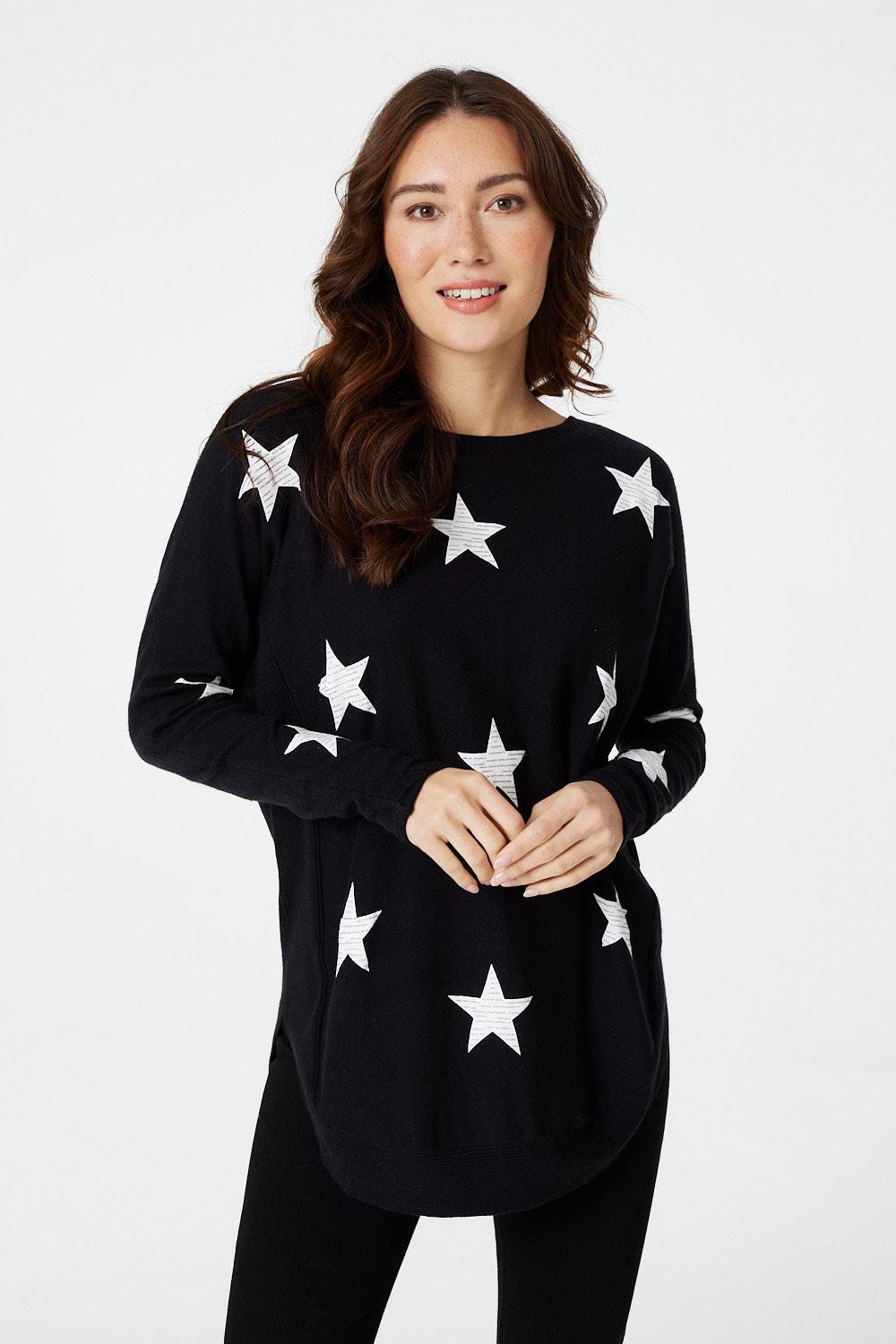 Black | Star Print Curve Hem Jumper