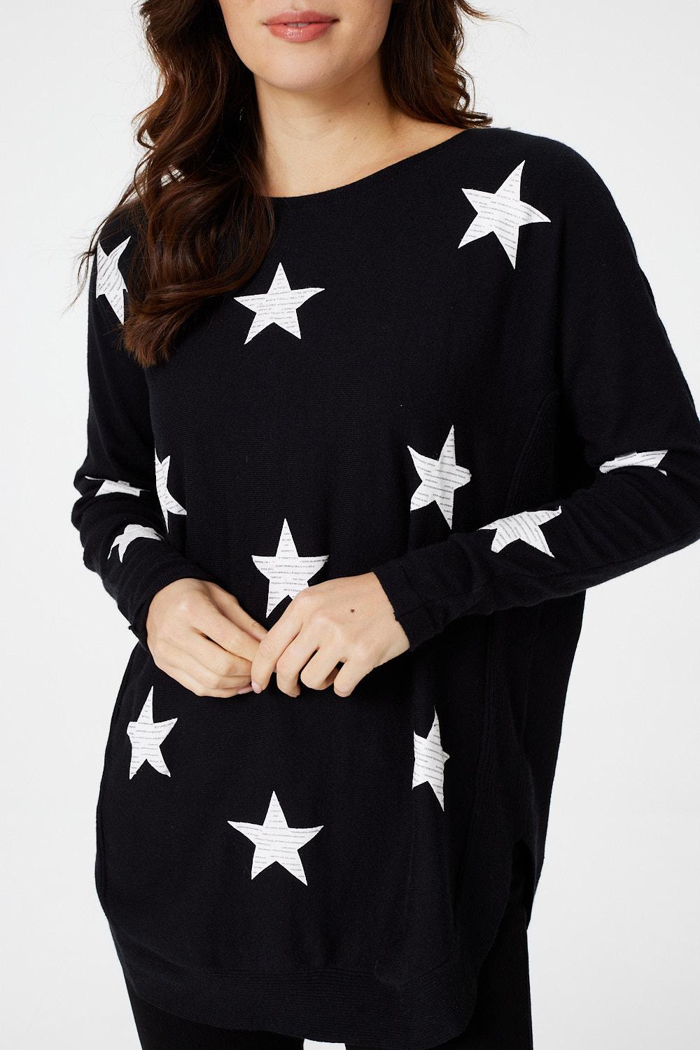 Black | Star Print Curve Hem Jumper