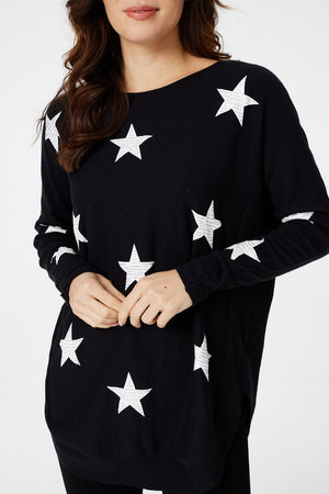 Black | Star Print Curve Hem Jumper