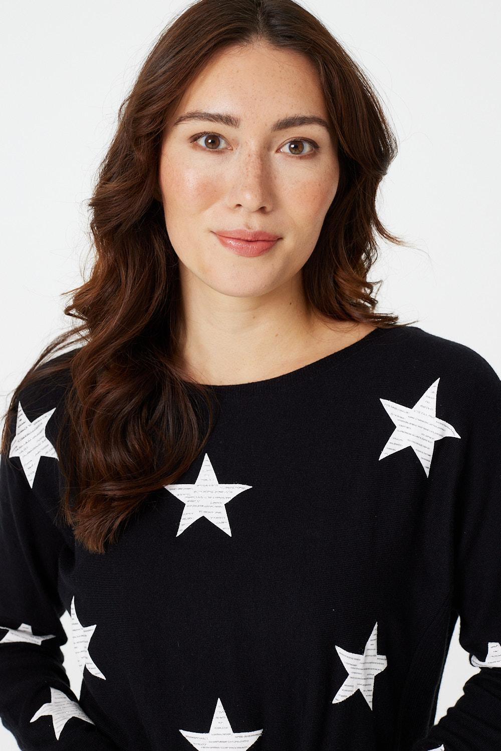 Black | Star Print Curve Hem Jumper