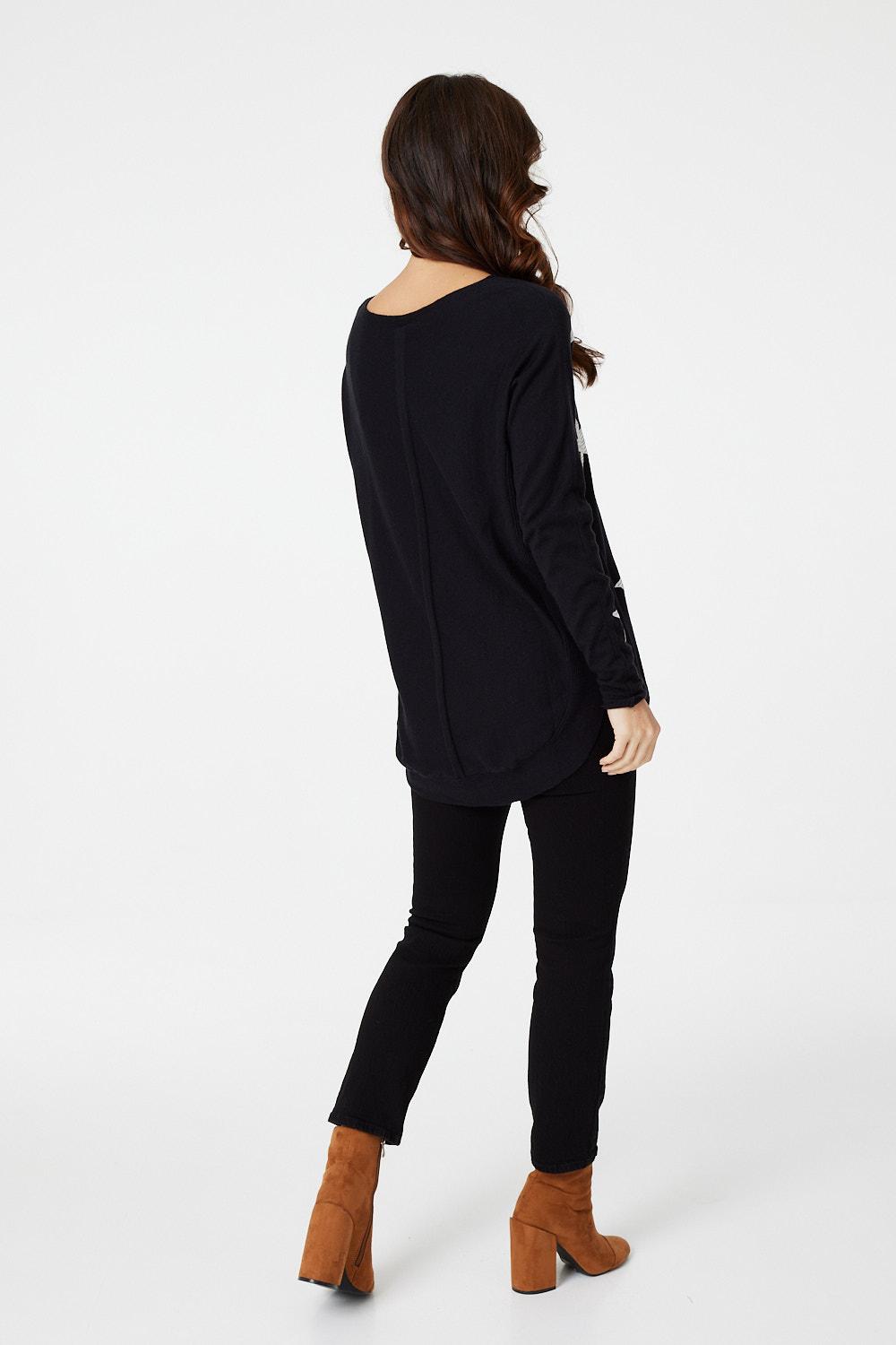 Black | Star Print Curve Hem Jumper