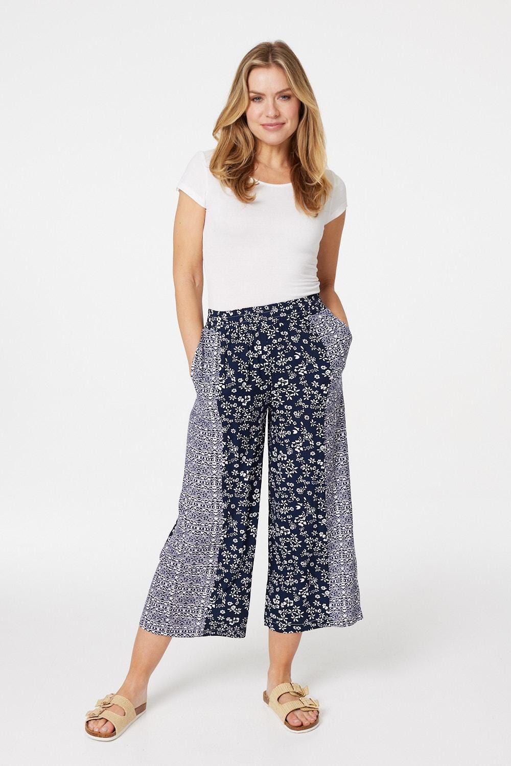 Navy | Floral Printed Wide Leg Culottes