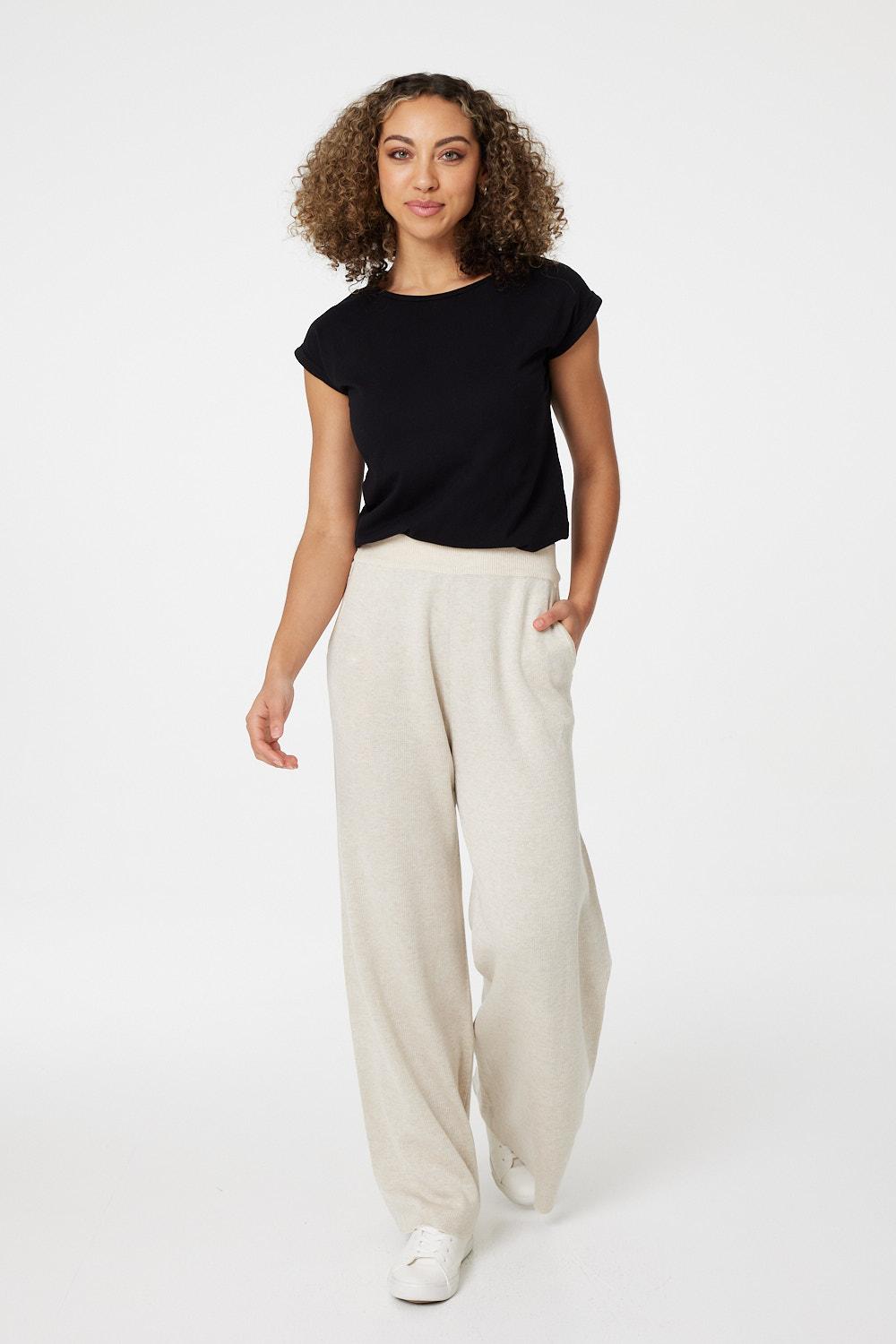 Beige | Mid Rise Wide Leg Knit Trousers