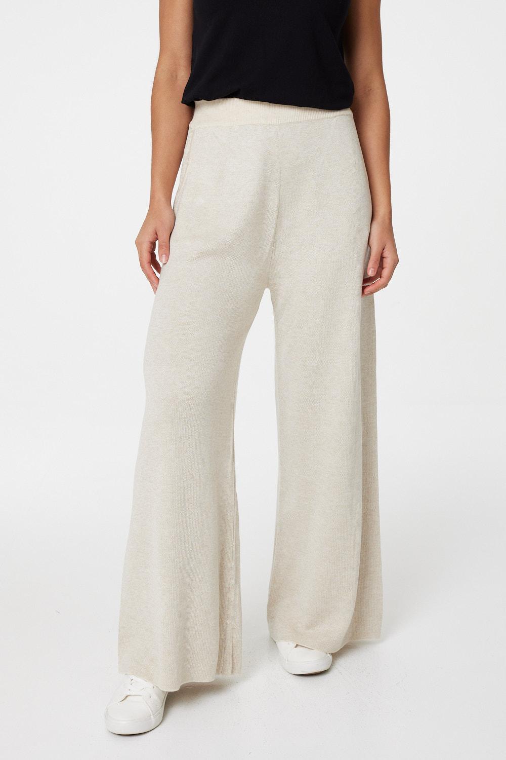 Beige | Mid Rise Wide Leg Knit Trousers