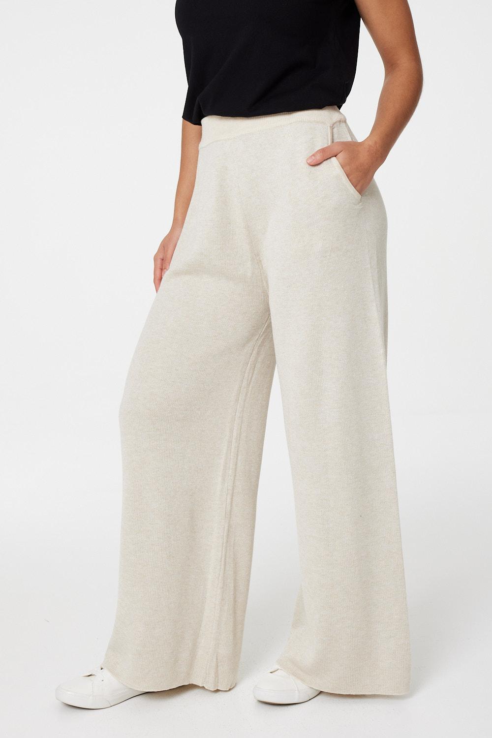 Beige | Mid Rise Wide Leg Knit Trousers