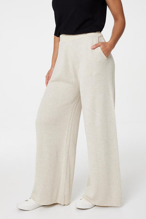 Beige | Mid Rise Wide Leg Knit Trousers