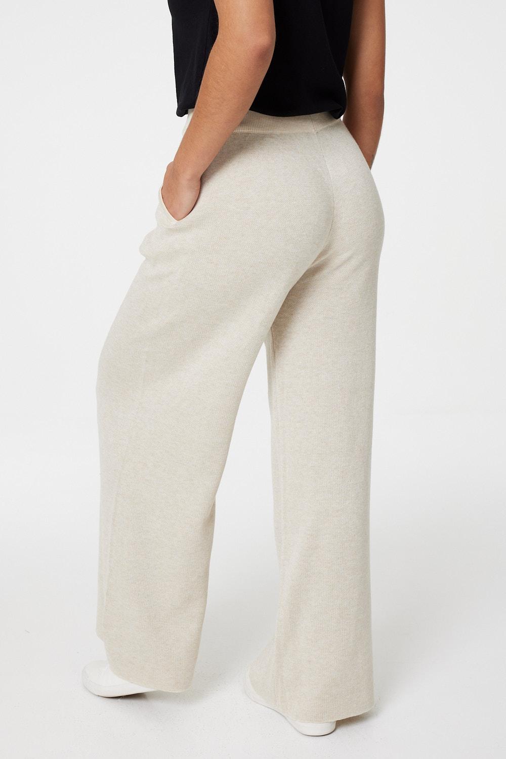 Beige | Mid Rise Wide Leg Knit Trousers