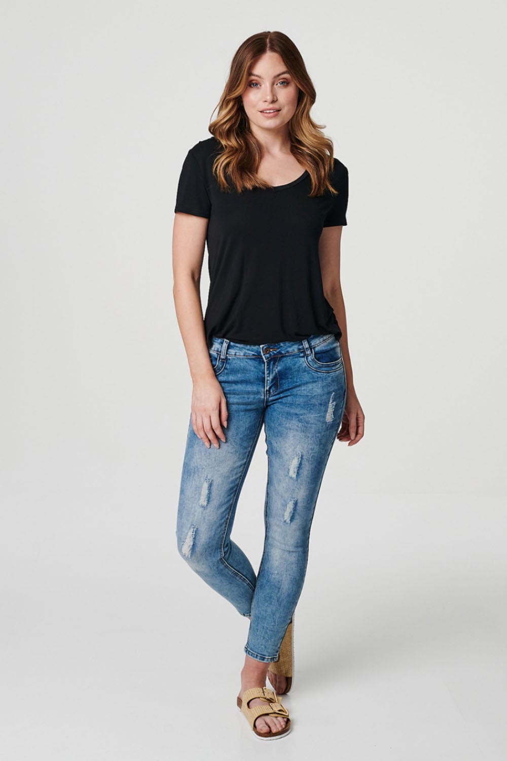 Blue | Mid Rise Distressed Denim Jeans