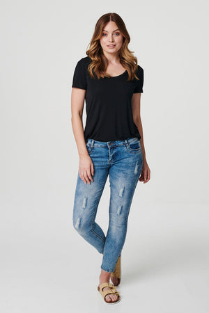 Blue | Mid Rise Distressed Denim Jeans