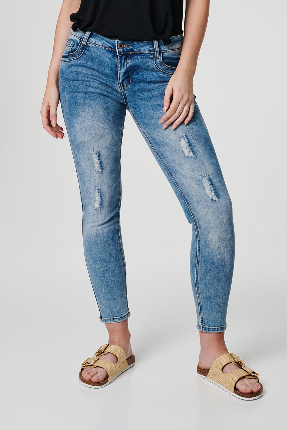 Blue | Mid Rise Distressed Denim Jeans