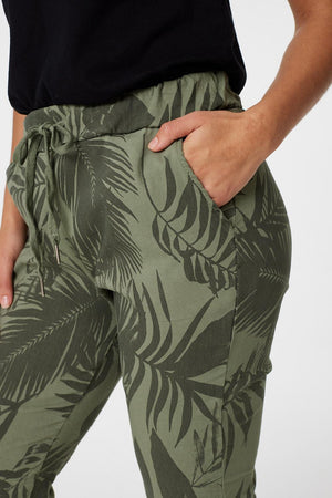 Khaki | Leaf Print Mid Rise Trousers