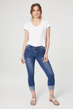 Blue | High Waisted Cropped Skinny Jeans : Model is 5'9"/175 cm and wears UK8/EU36/US4/AUS8