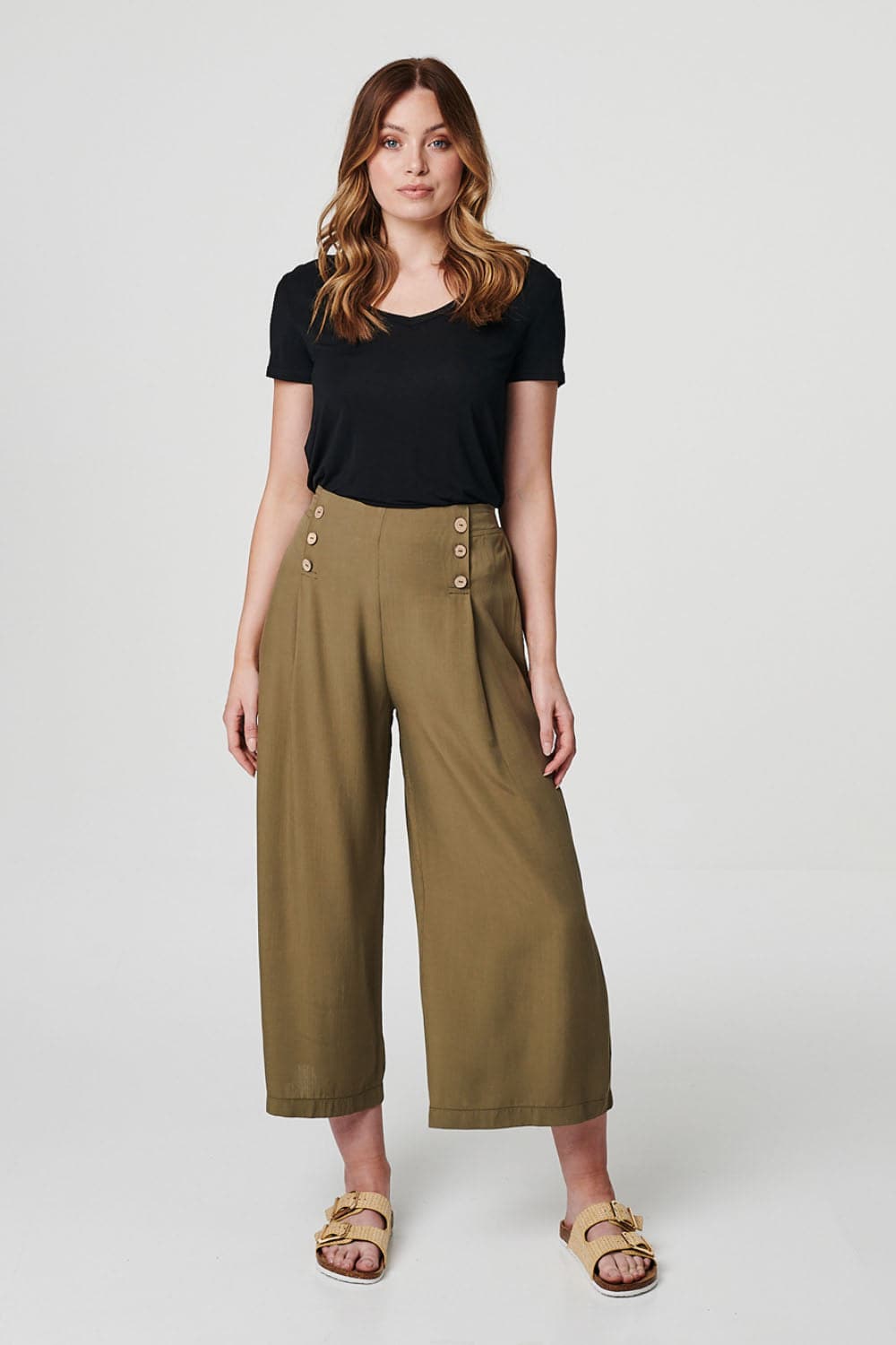 Khaki | High Rise Button Front Culottes
