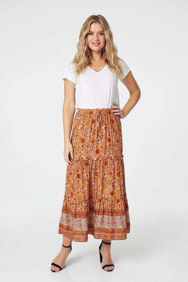 Orange | Floral Tiered A-Line Maxi Skirt