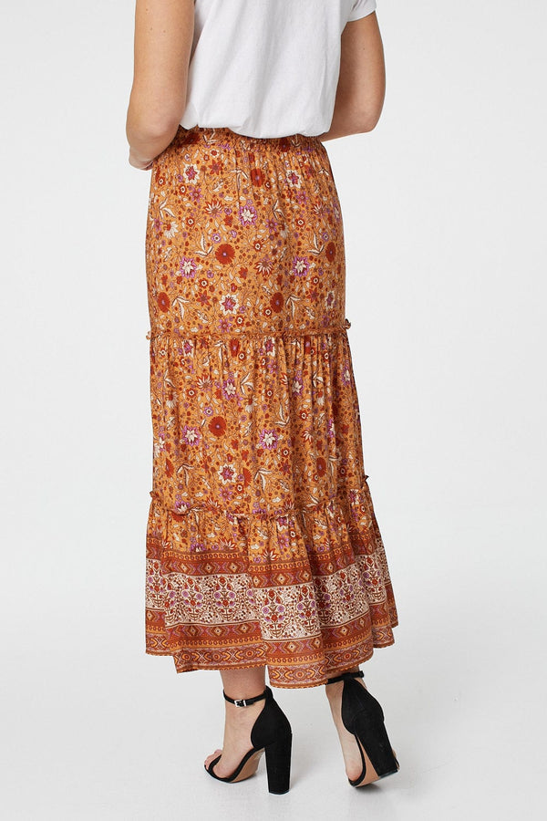 Orange | Floral Tiered A-Line Maxi Skirt
